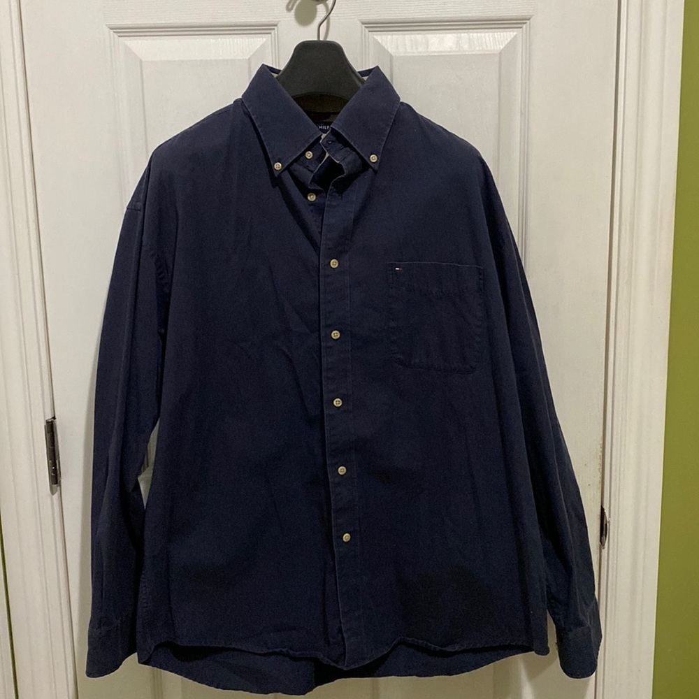 Tommy Hilfiger Navy Blue Men’s Button Down Shirt With Tan Cuffs Size XL